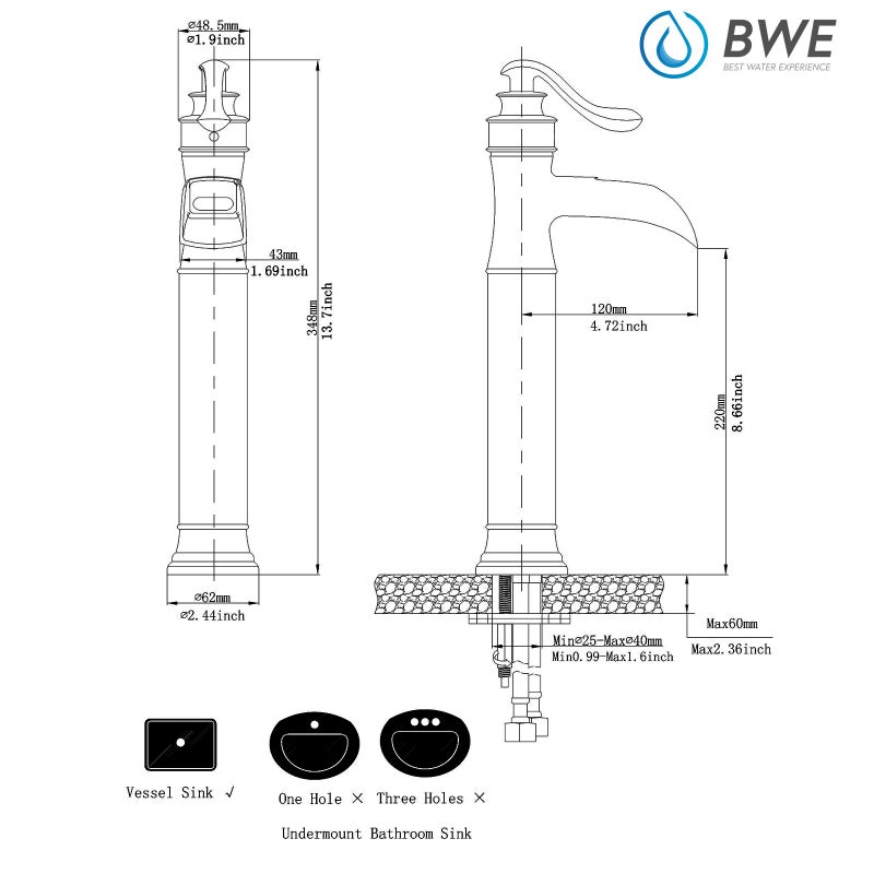 BWE Vessel Sink Faucet Waterfall Brushed Nickel Bathroom Commercial Vanity Sink Faucets with Supply Lines Combo Single Handle Bath Basin Bowl Centerset Sink Lavatory Tall Mixer Tap - Image 2